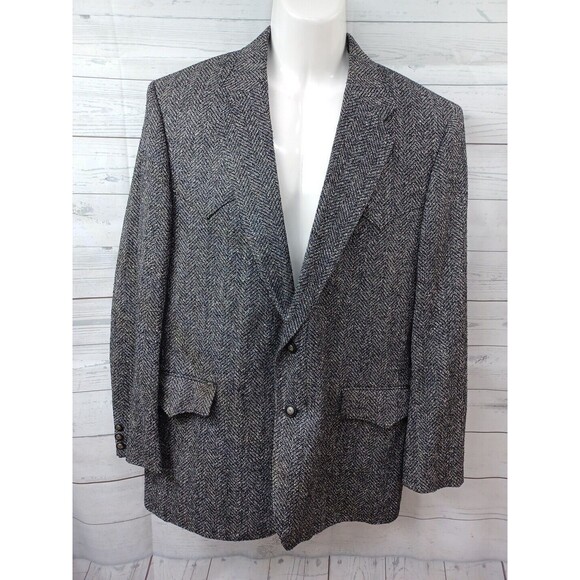 Circle Dallas Mens Blazer Jacket Black Gray 44R 100% Silk Tweed Chevron - Picture 1 of 14